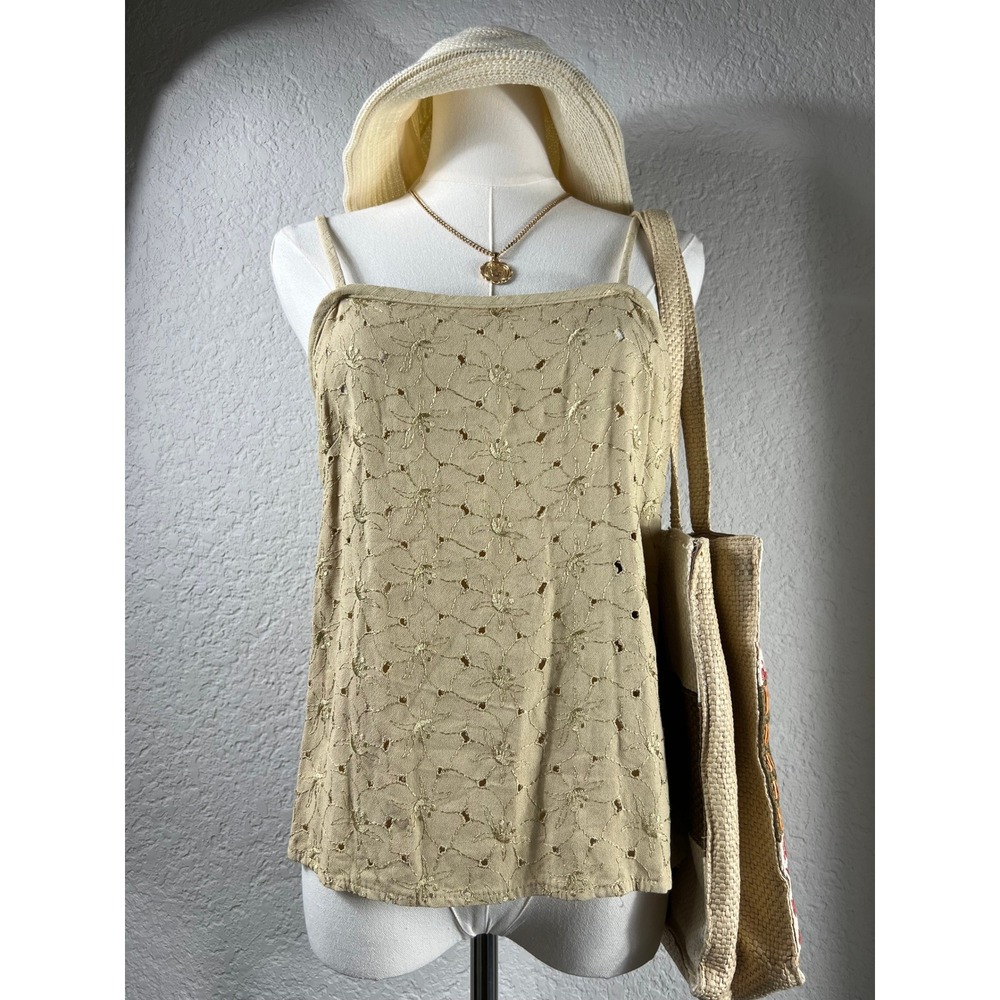 VTG Floral Eyelet Embroidered Cami Tank Top Beige Khaki Strap Blouse BOHO 90's